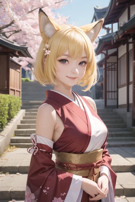 1girl,japanese,smile, pale yellow hair, medium hair, stairs, cherry blossoms, temple, fox girl, detached sleeves, animal ears,looking at viewer,upper body,sharp focus,photorealistic,4K Raw photo