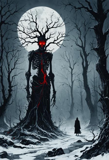 Ink illustration, black-and-white with deep aged red tones, a towering skeletal tree with twisted, leafless branches, set in a dark, fog-laden forest at midnight. At the base of the tree, an eerie figure with glowing red eyes, draped in tattered robes, stands motionless. Snow-covered ground with cracked rocks, stark shadows cast by moonlight. Sinister, heavy atmosphere, with surreal, intricate inkpunk detailing, fog and shadows blending into twisted shapes on aged black-and-red paper