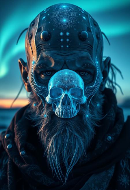 A symmetric portrait of a male, evil frozen necromancer, features dissolving into frozen magic thin, luminescent blue lines. Weighted Voronoi stippling and laser caustics create a network, transitioning from hyperrealistic detail to abstract, quantum-inspired forms. Ethereal hues blend, evoking existential transition and mystery. Close-up on face, evil skull partially visible. Set against a twilight arctic backdrop, icy winds ripple through his tattered robes. Rendered in a fusion of photorealism and digital surrealism, the scene is illuminated by ghostly Northern Lights. Emphasis on cold, menacing atmosphere, invoking Nordic myths