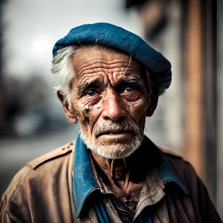 photo of a portrait of poor old worker in rags, ((overwhelming fatigue )), wrinkles of age,nature,gritty, messy, face, half body, body,nature,high detailed skin, mine, weather sultry, no wind, 8k uhd, dslr, soft lighting, high quality, film grain, Fujifilm XT3