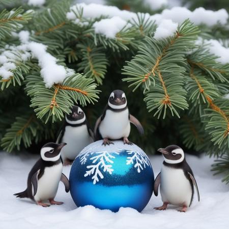 little penguins around a Christmas ball, snowy ground, very snowy fir tree background