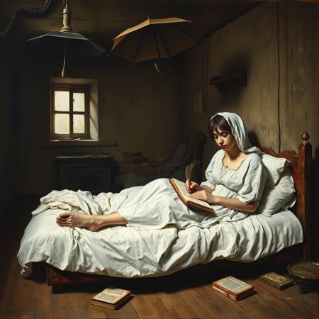 Old Painting in the style of Carl Spitzweg, dark atmosphere, A poor and  ill looking young woman in a dirty messy room with a waterleak at the ceiling and with a little window in the wall on the left an an old iron oven in front of it, sitting in nightgown with a nightcap on a mattress without a bed on the floor under white sheets an pillows, writing in a book with a grey feather, an open umbrella at the ceiling, books lying in front of the bed, wooden floor, in the style of Carl Spitzwegs the poor poet