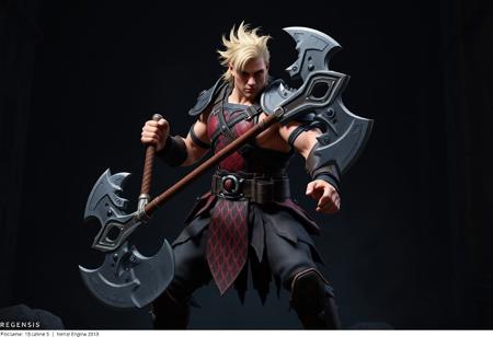 epic details A formidable Regenesis Warrior, muscular blonde male, dynamic action pose, wielding a large gray battle axe held with both hands. He wears an intricate red and black armored outfit, featuring a harness top and brown boots. Set against a dramatic, shadowed Labyrinth Wall background. Cinematic lighting, high contrast, sharp focus, vibrant colors, intricate details, rendered in Octane and Unreal Engine 5, matte painting, trending on Artstation, 8k resolution, impeccable composition.