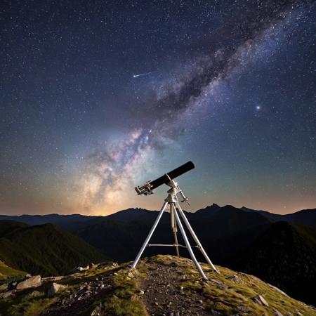telescope on a mountain, starry sky background with the Milky Way