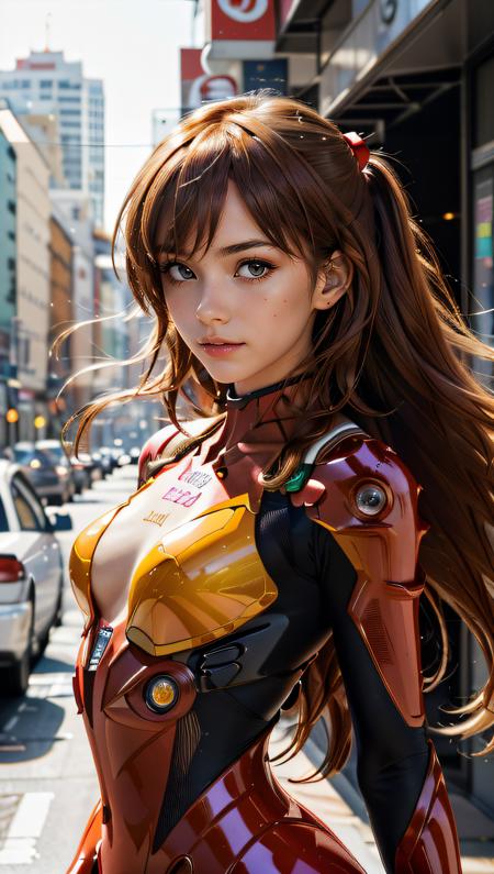 (best quality, masterpiece, colorful, dynamic angle, highest detailed)(Asuka Langley), upper body photo, fashion photography of cute red long hair girl (Asuka Langley), dressing high detailed Evangelion red suit (high resolution textures), in dynamic pose, bokeh, (intricate details, hyperdetailed:1.15), detailed, sunlight passing through hair, colorful art background, (official art, extreme detailed, highest detailed),