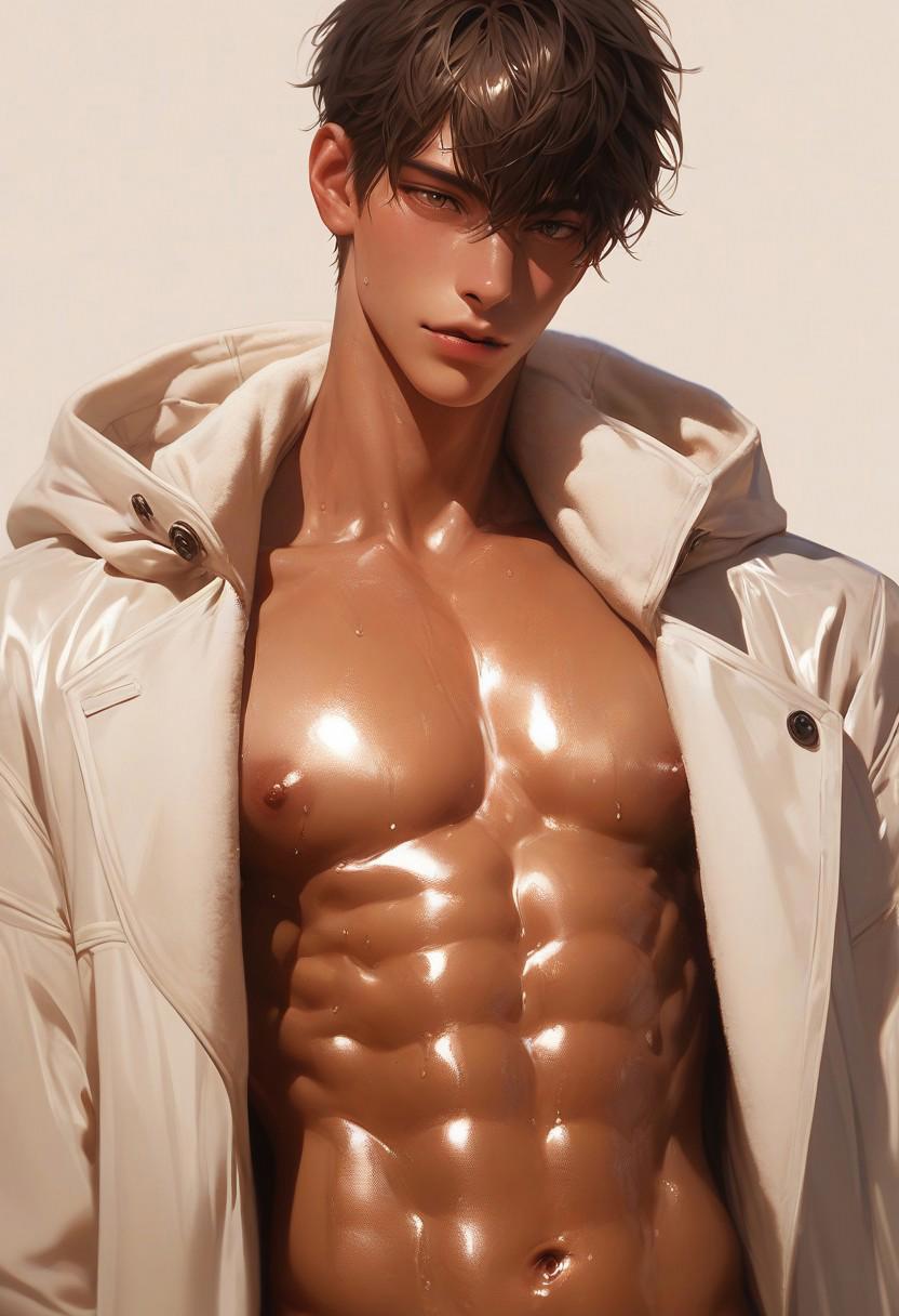 score_9, score_8_up, score_7_up, realistic, male focus, yaoi, hooded coat, clothes, toned, oiled skin, shiny skin, bangs, jewelry, sweat