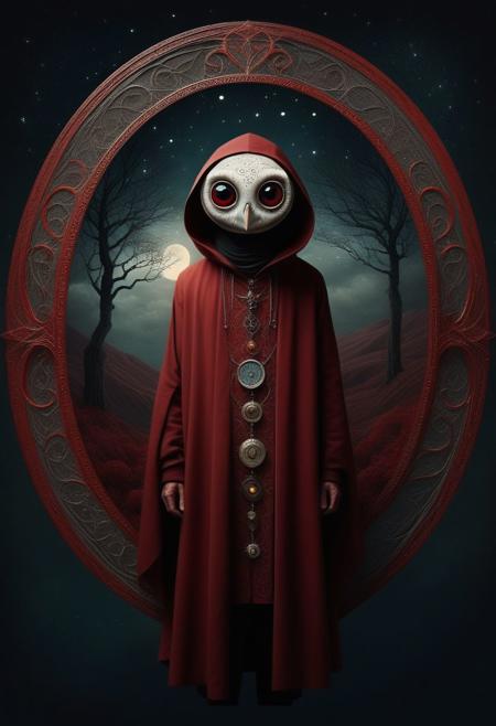 A mesmerizing digital art piece that combines ethereal mysticism and grunge elements. The charming character, with large eyes, is adorned in dark red clothing. They are surrounded by swirling magic energy, with a mysterious emblem on their chest. The artist, Andy Kehoe, is inspired by the styles of craola, Leonardo da Vinci, and others, creating a dynamic pose with dynamic light and shadow. The overall atmosphere of the piece is eerie and enigmatic, with a touch of bad dreams., epiCPhotoGasm-colorfulPhoto