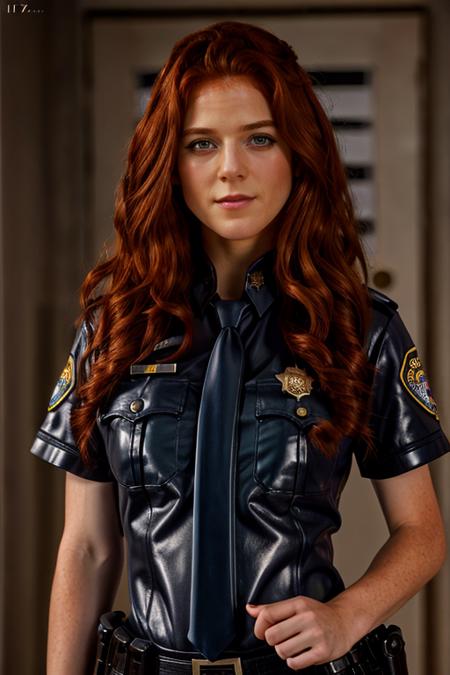 cop costume ,  pharmacy , evening <lora:Rose_Leslie:1> masterpiece, best quality, detailed face, a mature r1873l, 1girl, solo, red hair,