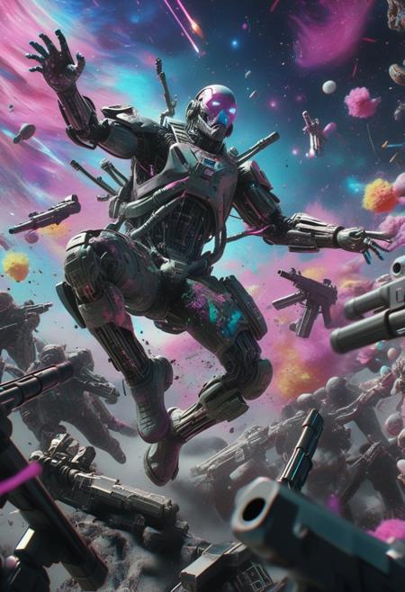 Masterpiece, best quality, good quality, very awa, very aesthetic, absurdres, newest, cinematic scene. A cyborg free falling in a psychedelic galaxy hyper realistic hyper detailed 3d render 8k futuristic neon and pastel splatter ink psychedelic with arms as guns fighting a civil war in space chaos madness and violence. Adding depth to the composition, High resolution, high detail. Highly detailed. Wide Shot, Cinematic Lighting, <lora:c»ªa¿ cµa½±a§c§:0.8>, <lora:xl_more_art-full_v1:0.3>