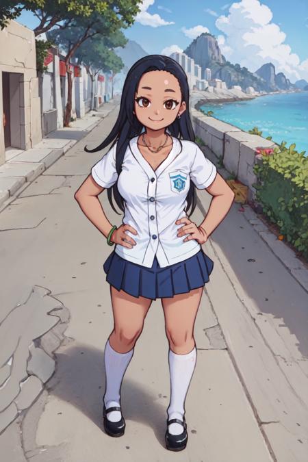 1girl (cp2 uniform:1.1) ((tan skin)) [short sleeves white shirt, school emblem, breast pocket, collarbone::4] (blue pleated skirt:1.05) (kneehighs white socks:1.1) (mary janes:1.15)
(full body:1.1) solo, standing, hands on hips, closed mouth, smile, (bracelet earring necklace jewelry:1) (forehead:1.1) [long hair::6] medium breasts, black hair, brown eyes, outdoors
BREAK (masterpiece, best quality:1.2), rio de janeiro brazil, backpack, charm, stone pavement, old buildings, (tree:0.9), button-up
<lora:cp2Y16:0.85>
<lora:koohiitei-shinbo-2344it-novae:0.5>
<lora:okina:0.5>