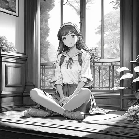 (masterpiece:1.3), (intricate:1), best quality, official art, 8k wallpaper, highly detailed, illustration, lineart, monochrome, cinematic light, monastarpact, 1 girl, (full body view:1.2), sitting down,
,Lineart, LineAniAF
,<lora:LineAniRedmondV2-Lineart-LineAniAF:1>