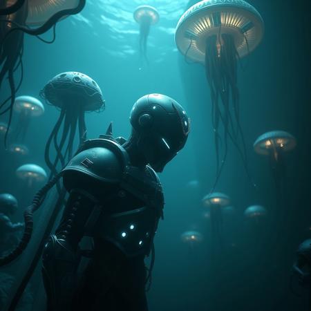(Ultra-realistic, 32k, Masterpiece, High Quality, Detailed Realistic Background, Official Art, Realistic Lighting).
"Dark, cinematic lighting enhances the eerie atmosphere, capturing the tension and ethereal beauty of the Cryoquatic warrior in this alien underwater realm. The intricate details of the jellyfish-inspired metal cities, bioluminescent light trails, and the warrior’s armor make the scene immersive and otherworldly. The soft glow from the tentacles and floating city lights creates a sense of depth, as the Cryoquatic’s glowing form contrasts against the infinite darkness of the deep ocean beneath Europa’s icy surface."