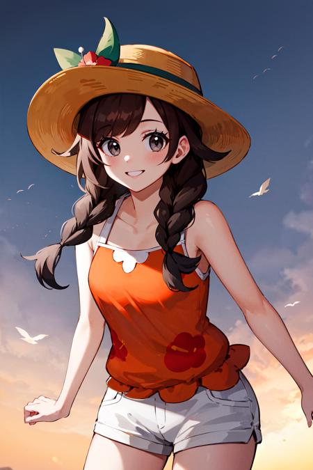 masterpiece, best quality, highres, selene2, 1girl, solo, white shorts, selene \(pokemon\), twin braids, shirt, hat flower, long hair, bangs, red flower, orange shirt, eyelashes, sleeveless, brown hair, brown headwear, grey eyes, sleeveless shirt, short shorts, jewelry, floral print, <lora:selene_(pokemon)_v1:0.6>,  cowboy shot, smile, stading,