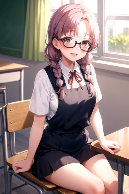 <lora:HiiroYano-05:0.7> , hiiroyano, solo, blush, smile, open mouth, shirt, dress, ribbon, holding, twintails, brown eyes, sitting, school uniform, white shirt, braid, short sleeves, glasses, collared shirt, indoors, blurry, twin braids, red ribbon, window, sparkle, neck ribbon, leaf, chair, sunlight, curtains, semi-rimless eyewear, desk, black-framed eyewear, blurry foreground, classroom, pinafore dress, school desk, earphones