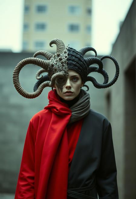 Dialectic theme represented as a surreal Hegelian monster embodying thesis and antithesis in dynamic tension  
Analog film aesthetic with subtle grain, shot on Hasselblad 500cm for medium format sharpness and depth  
Vogue-inspired fashion styling with avant-garde garments blending opposing textures and colors (e.g. smooth vs rough, light vs dark)  
Vivid color palette emphasizing contrast—deep reds clashing with cold blues, balanced with earth tones for complexity  
Cinematic lighting: dramatic chiaroscuro with strong rim lights accentuating form and emotional intensity  
Highly composed with asymmetry, using diagonals and spirals to suggest conflict and unity at once  
Emotive facial expression and posture conveying intellectual struggle, existential angst, and transformation  
Soft-focus background with natural bokeh, isolating the figure in surreal isolation within urban or abstract symbolic environment  
Inspired by German Expressionism and contemporary avant-garde fashion editorials, blending philosophy and visual storytelling