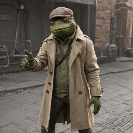 frog dressed in a trench coat and hat, tmnt, trending on reddit, michelangelo style, pointing at the camera, dd, beautiful perfectly detailed, masked person in corner, cga, leaked photo,, detective coat, reptile, behold, busted camera, unreal engine, hyper realism, realistic shading, cinematic composition, blender render, octane render, detailed textures, photorealistic, ultrawide shot