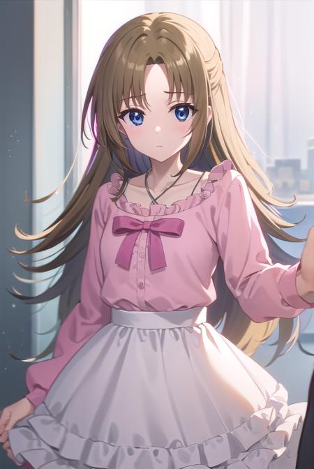 ringosugisaki, <lora:ringo sugisaki s2-lora-nochekaiser:1>,
ringo sugisaki, long hair, blue eyes, brown hair, half updo, (parted bangs:1.5),
BREAK long sleeves, dress, bow, bowtie, frills, skirt, (pink dress:1.3), white skirt, collarbone,
BREAK indoors, classroom,
BREAK looking at viewer, (cowboy shot:1.5),
BREAK <lyco:GoodHands-beta2:1>, (masterpiece:1.2), best quality, high resolution, unity 8k wallpaper, (illustration:0.8), (beautiful detailed eyes:1.6), extremely detailed face, perfect lighting, extremely detailed CG, (perfect hands, perfect anatomy),