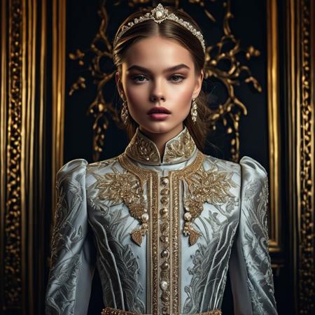 A stunningly lifelike portrait captures a 18-year-old fashion model girl with beautiful European features. She is adorned in a high-end fashion outfit, set against a dramatic background. The image, exudes cinematic colors and a photographic style. Every detail of her appearance is meticulously executed, showcasing her elegance and allure. The overall composition is a true masterpiece, elevating the beauty and sophistication of the nudity.