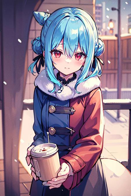 (masterpiece), (best quality), (highly detailed), 1girl, solo, red eyes, holding, disposable cup, looking at viewer, holding cup, outdoors, snow, long sleeves, bangs, (cup, coffee cup:0.8), tree, closed mouth, bare tree, fur trim, hair between eyes, ribbon, open clothes, bag, winter, black ribbon, snowing, (Light blue hair:1.4), coat, hair ribbon, hair bun, upper body, jacket, sidelocks, blush, fur collar <lora:txyden-:1>