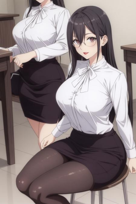 mayuri hanyuu, brown eyes, black hair, long hair, medium breasts, red lips, glasses, white shirt, pencil skirt, black pantyhose, high heels,  