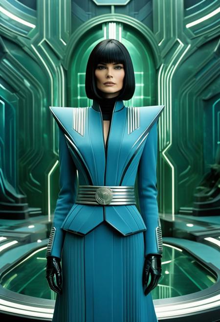 headshot of (sarah douglas linda fiorentino:0.7) as one confident fierce imperious executive boss, age-30, long straight hair, bumper bangs, in an intimidating blue avant-garde fantasy art deco tactical combat business suit, black trim, ribbed shoulder pads, futuristic fashion, cyberpunk fashion, thierry mugler fall 1979, big long ribbed sleeves, deep plunging neckline, standing stiff in a silver green futuristic boardroom, staring at viewer, alone, cover of a fashion magazine
(8k resolution, flash photography, sharp focus, tilt-shift lens:0.9)