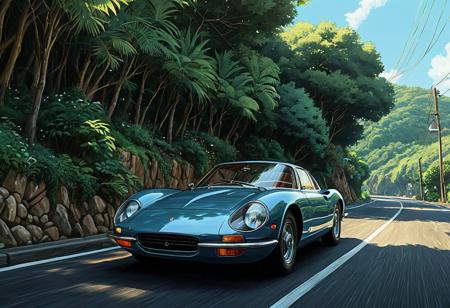 (studio ghibli digital drawing), best quality, masterpiece, extremely detailed,  professional  art,  professional painting, an extremely delicate and beautiful, dynamic,  great lighting, perfect shading, professional shading, depth of field,   side soft light, elegant, gorgeous, highly detailed,   full shot, uncropped,   pure genious, absolutely perfect,  highly detailed, breathtaking, classic sports car, relaxed and elegant, retro futuristic, dynamic turn around a corner, beautiful coastal road,
