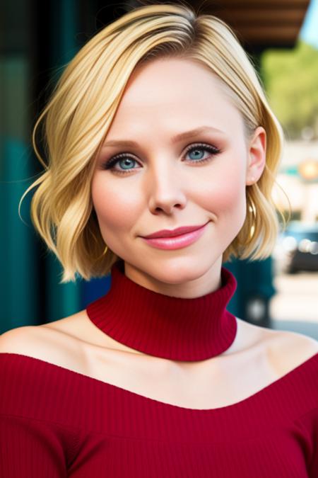 piercing eyes, looking straight, a sexy kristenbell, happy, short salon hair, wearing an off-shoulder sweater, choker, closeup portrait, in a outdoor cafe in 2015, afternoon light,  <lora:KristenBell:0.9>