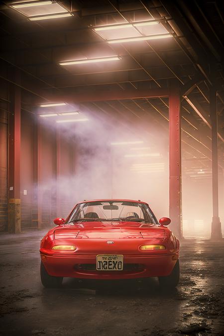 photo of red MazdaMiata in warehouse fog, high quality photo, lens flare, bokeh, 8k resolution, gobo lights, warm ambient light, volumetric light, neon lights, depth of field, analog, foggy atmosphere, lens flares, light bloom, portra 800 film,  <lora:MazdaMiatav1:.8>,  <lora:analogdiffusion_Lora300:.2>