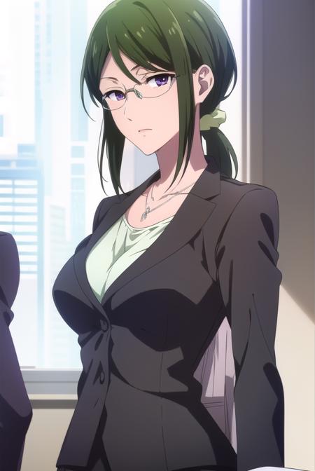 hanakokoyanagi, <lora:hanakokoyanagi-lora-nochekaiser:1>,
hanako koyanagi, green hair, low ponytail, (purple eyes:1.1), glasses,
BREAK skirt, pantyhose, necklace, formal, suit, pencil skirt, skirt suit,
BREAK looking at viewer,
BREAK indoors,
BREAK <lora:GoodHands-vanilla:1>, (masterpiece:1.2), best quality, high resolution, unity 8k wallpaper, (illustration:0.8), (beautiful detailed eyes:1.6), extremely detailed face, perfect lighting, extremely detailed CG, (perfect hands, perfect anatomy),