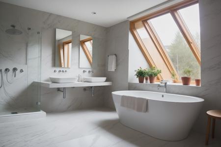 A realistic vision of a beautifully lit bathroom in Sweden, inspired by Franois Girardon's style. The bathroom features two sinks with towels on the counter and flowers inside of a marble. The room showcases textures such as marble and a stone roof. The bathroom is lit by slanted lighting from a window and features a geodesic design.