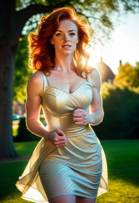HulkRay, redhead girl, windswept hair, pale skin, freckles, translucent dress, backlit, pinup pose, golden hour, in a park