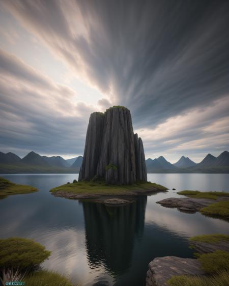 extremely detailed, landscape of an unknown planet, monolith, lake, cloudy weather, unreal engine 5, perfect composition, vibrant, rtx, hbao