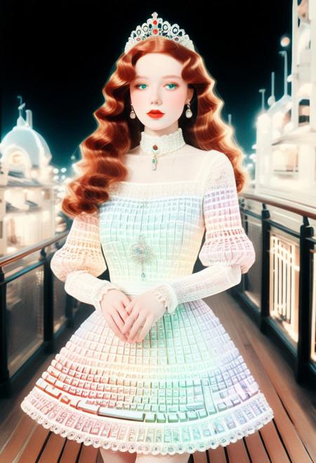 (RGB Keyboard themed:1.6), (masterpiece),(castle), (pale skin), nobody_tall, hands hidden, (grace lady), jewelry-tiara, //ruby_deep-orange hair, long_wavy hair//, //shiny-green eyes//, nose, (shiny lip), closed mouth, //long lace dress//, //white garter, elbow gloves, royal_cape//, looking at viewer, standing, close-up,  censored, puffy sleeves, closed dress, beautiful high-neck top, fully dressed, scenery, balcony, fionaxl, RetroChicNostalgia, TimelessNostalgicStyle, NostalgicChicTone, OldSchoolChic, NostalgicElegance, VintageFashionNostalgia, RetroNostalgicChic, VintageWarmthAesthetic, RetroNostalgicFlair
