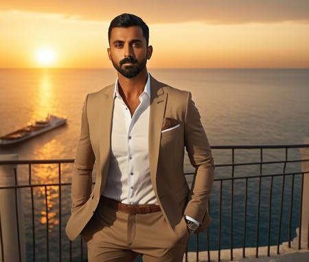 Nautical-themed (Photo:1.3) of (Ultrarealistic:1.3) <lora:Man_Men_FFashion:1> lowery david a man <lora:KL-Rahul_Lowery-David:1> in a tan suit standing on a balcony, sun behind him, inspired by Pablo Munoz Gomez, shot at golden hour, editorial photograph, midshot of a hunky, by Roman Bezpalkiv, by Artur Tarnowski, maxim sukharev, by Gabor Szikszai,Highly Detailed,(Mono Color:1.3) . Sea, ocean, ships, maritime, beach, marine life, highly detailed