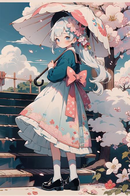 1girl, bird, umbrella, long hair, outdoors, dress, solo, blue eyes, holding, white dress, pink flower, flower, black footwear, white hair, day, holding umbrella, petals, bag, stairs, long sleeves, looking at viewer, socks, white socks, shoes, sky, bangs, looking back, cherry blossoms, sailor collar, hair flower, blue sky, standing, hair ornament, bow, tree
   <lora:styleHanamizake-000005:1>,