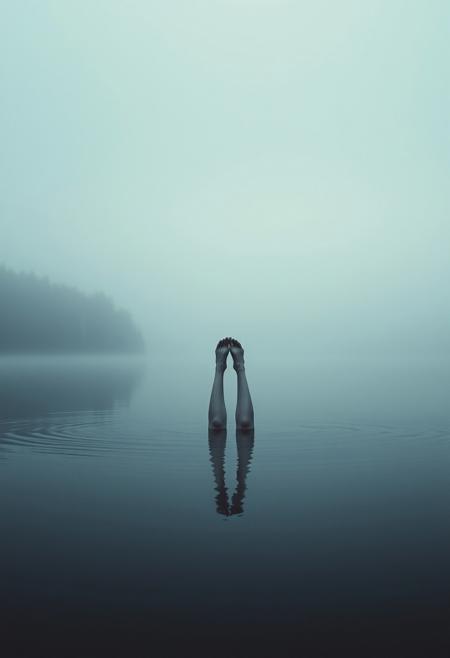 [A pair of legs sticking  up out of a still misty lake, forest,suggesting a body submerged beneath the surface,(spread legs:2), creating a mysterious and unsettling atmosphere, hinting at unknown depths and hidden dangers], [Surreal Photography, Atmospheric Horror], [Gregory Crewdson, Todd Hido], [Monochromatic color palette with emphasis on blues and grays, soft, diffused lighting creating a sense of fog and mystery, minimalist composition with the legs as the focal point, reflection on the water's surface, high resolution],