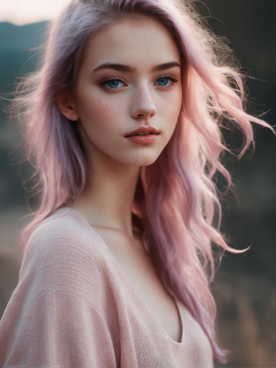 photo of beautiful age 18 girl, pastel hair, freckles sexy, beautiful, close up, young, dslr, 8k, 4k, ultrarealistic, real...
