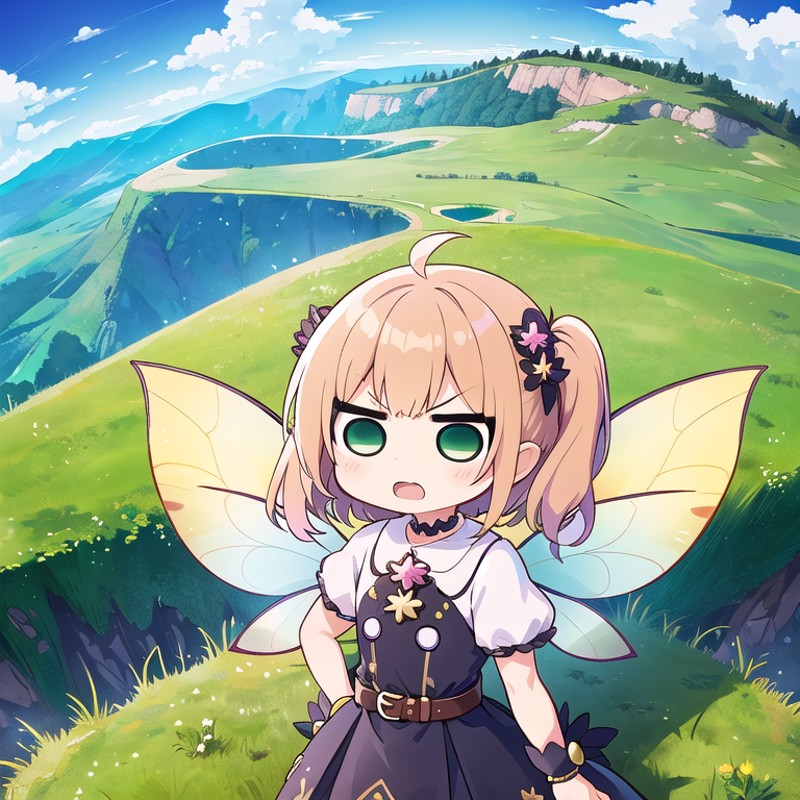 1girl, (chibi, fairy, upper body:1.4), angry, open mouth, standing, hill grass, fantasy world, (very wide, panorama view, ...