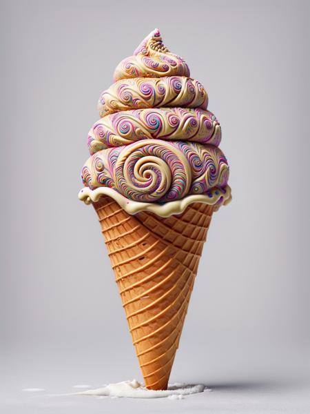 A delightful ice cream cone with ais-spirals texture on the ice cream, set against a simple, neutral background <lora:Colorful_Spirals_SDXL:1>.