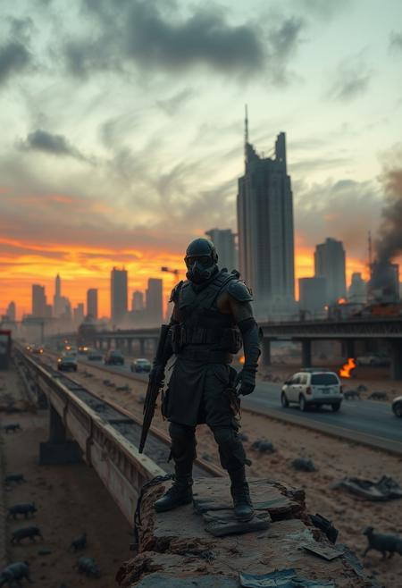 A post-apocalyptic wasteland at dusk, with crumbling skyscrapers in the distance partially buried in sand. The sky is a sickly orange and red, streaked with black clouds, as if the world is on fire. In the foreground, a lone, battle-worn figure stands on a broken highway overpass, wearing tattered armor and a gas mask, holding a makeshift weapon pieced together from scrap metal. Behind them, the remains of abandoned cars and debris litter the landscape, while mutated animals prowl in the shadows. The atmosphere is bleak, filled with dust and smoke, with distant flames and smoldering ruins. The scene captures a world long past collapse, where survival is the only law.