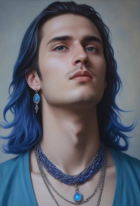 Realistic soft oil painting, 
a very handsome man with a delicate face, 
18 years old with bright blue long hair dyed in a rich color. Looking up and away, 
the man wears several pieces of jewelry, 
including earrings and necklaces. Two necklaces are visible on the neck: one with large beads and pendants in the form of various figures, 
and the other is a metal chain. The background of the image is a theater studio, 
and the person's clothes consist of purple and blue elements