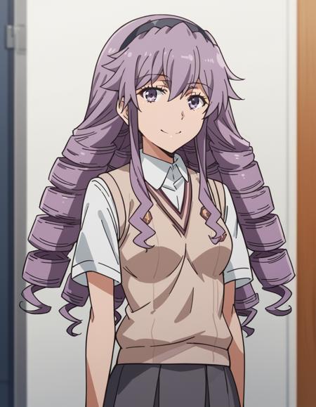 <lora:junko-hokaze-s3-ponyxl-lora-nochekaiser:1>, junko hokaze, long hair, purple eyes, purple hair, hairband, drill hair, skirt, school uniform, sweater vest, tokiwadai school uniform, brown sweater vest,