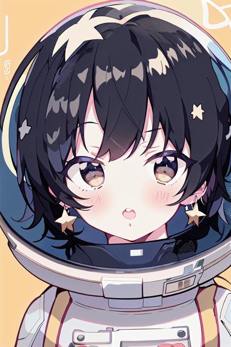 1girl, solo, planet, space, looking at viewer, spacesuit, black hair, jewelry, astronaut, short hair, earrings, brown eyes, parted lips, star \(sky\), portrait, space helmet, lips, english text, earth \(planet\),
<lora:MushroomStyle_variant1:1>