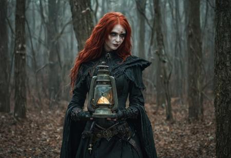 score_9, score_8_up, score_7_up, score_6_up, score_5_up, score_4_up,<lora:Fant5yP0ny:0.8>, solo, 1woman, Human, Pretty, tall, Long red hair, green eyes, Goth makeup, Librarian warrior, carrying a spooky lantern, grim smile,  
Cowboy shot, Outside, fantasy woods.  dynamic lighting, daytime
