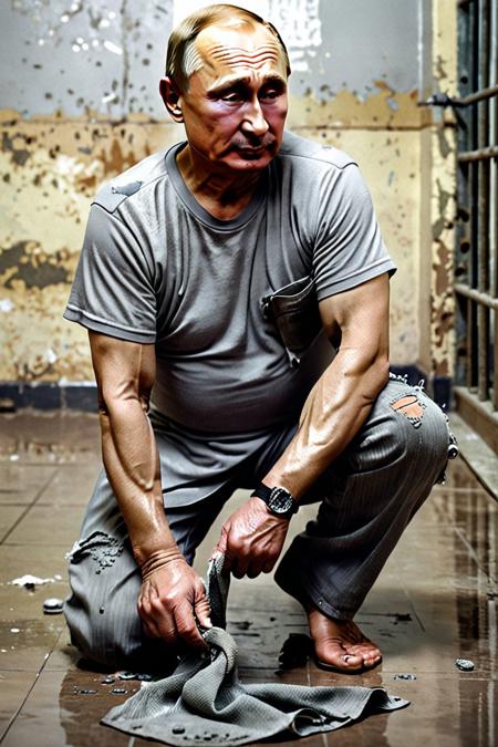 A photorealistic picture of an (((old Vladimir Putin))) in a dirty prison. He is down ((((((on his knees)))))) and scrubbing the dirty floor with a dirty rag. His face expresses absolute despair, (((crying))). He is wearing (((dirty ripped grey trousers and durty, ripped gray t-shirt, barefoot))).  <lora:putintheking:1.7>