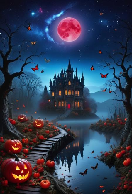 masterpiece, best quality, mysterious dark enchanting forest with ((halloween pumpkins:1.3)) and ((colorful butterflies:1.4)) leaving a trail of magical pixie dust behind, a crystal clear lake shredded in a fog and a an ethereal glow at night with a ((galaxy sky embrodeiry and red moon:1.5)) with an old haunted mansion on a hill behind and bats flying, 8k, masterpiece, best quality, vivid colors, 32 bit colors, high texture resolution, soft lighting, epic, dark fantasy style, breathtaking, visually impressive, stunning composition, mesmerizing, hypperrealistic, digital art, trending at artstation