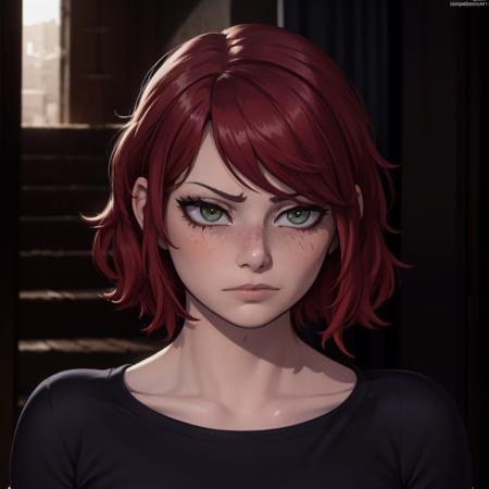 Best_QualityPos, RAW photo, intricate details, best quality, 8k uhd, soft lighting, 1girl, solo, green eyes, red hair, short hair, freckles, sad expressions <lora:Emma_Stone:0.7>