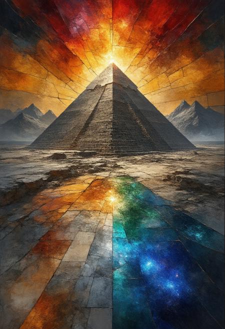 A breathtaking and otherworldly depiction of a planet orbiting three suns, with a colossal, reflective pyramid dominating its surface, rendered in a fractured, stained-glass Cubist style. The composition shatters the scene into geometric shards, showcasing multiple perspectives of the planet's scarred landscape, the intense solar flares, and the pyramidâs multifaceted surface. The palette explodes with vibrant oranges, yellows, and deep blues, contrasted by stark black lines and a soft, internal glow emanating from the pyramidâs reflective surfaces. Photorealistic textures of crystalline rock and shimmering solar winds blend seamlessly with the abstract fragmentation to create a sense of awe-inspiring scale and alien beauty. Ultra detailed, 8k resolution, volumetric lighting, octane render, emphasizing the dramatic lighting and reflective qualities of the pyramid and the intense solar activity.
