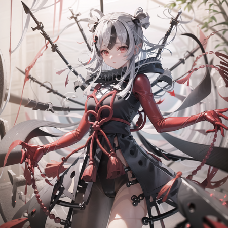 KashinKoji an image of a woman dressed in red and black that looks like an anime character, 1girl, solo, heterochromia, beads, red eyes, multicolored hair, long hair, outdoors, city background, KashinKoji, art of a woman standing in front of a large spider web with weapons, 1girl, solo, extra arms, red eyes, multicolored hair, long hair, outdoors, room background, dazzling red armor-wearing woman holding claws aloft in one hand, 1girl, solo, weapon, red eyes, armor,