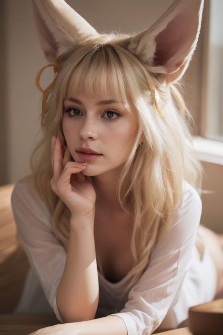 swedish girl, laying, crawling, brunette, albino, eyes close-up, looking up, portrait, white loose summer dress, selfie, big hair, long messy white wavy hair, huge very long silky fennec ears, animal ear fluff, fox tail, depth of field, big ice color eyes with long white eyelashes, white eyebrows, round rich big parted lips, very strong freckles, curious, outside, sun from the side, rim light, extreme detail, very sharp, hyper realistic